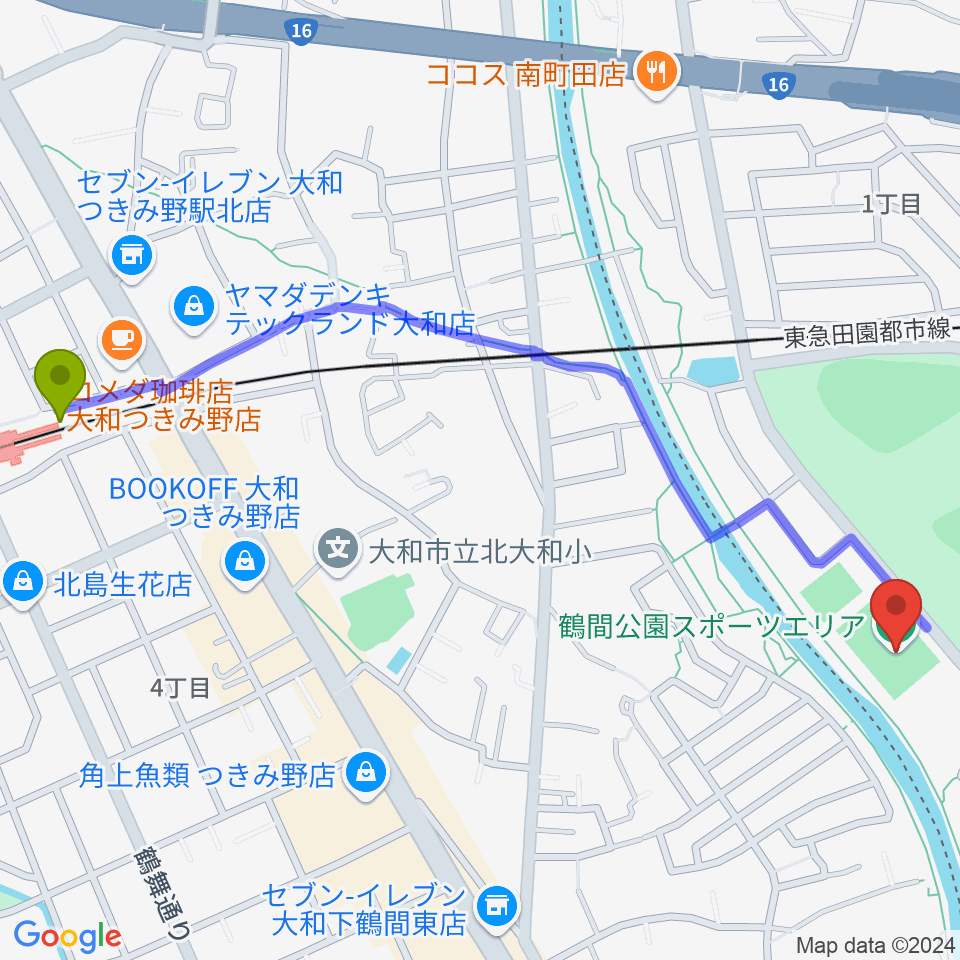 つきみ野駅から鶴間公園グラウンドへのルートマップ地図