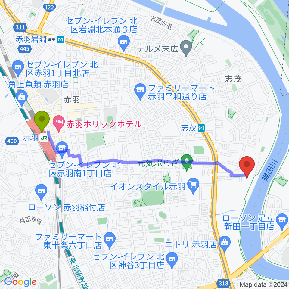 赤羽駅から赤羽体育館へのルートマップ地図