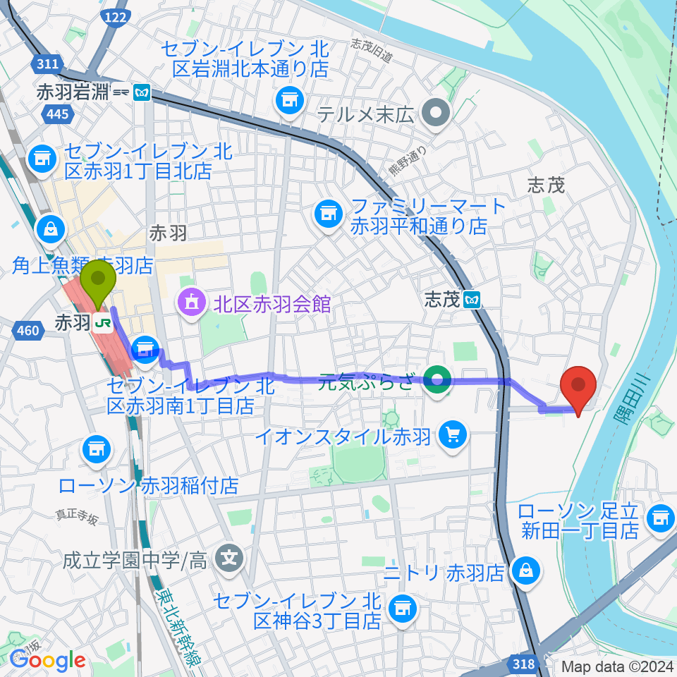 赤羽駅から赤羽体育館へのルートマップ地図