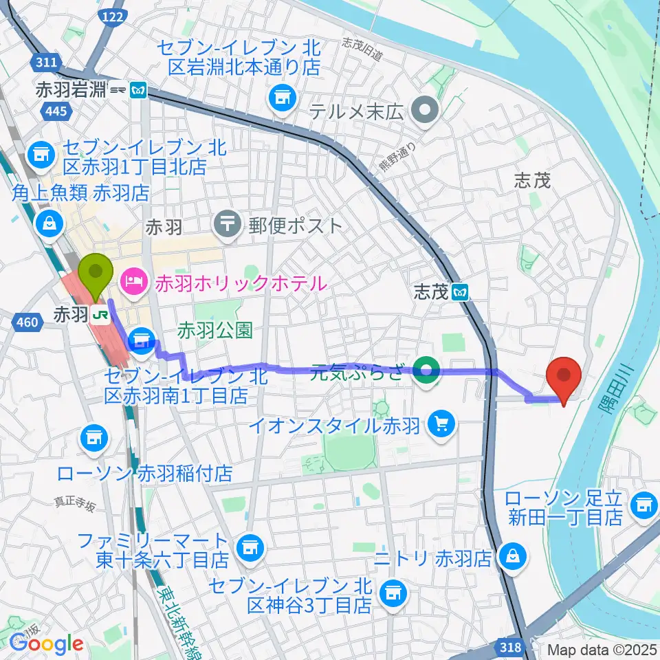 赤羽駅から赤羽体育館へのルートマップ地図