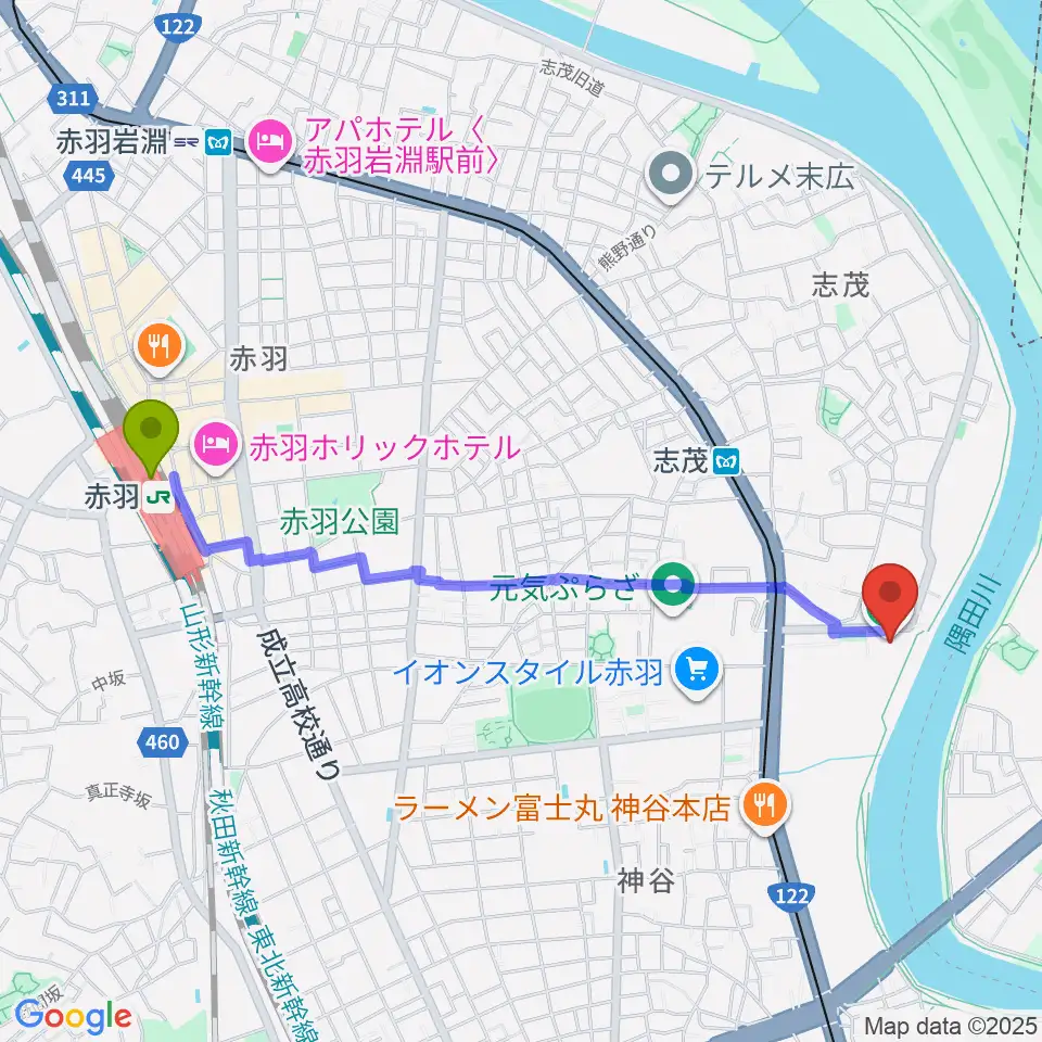 赤羽駅から赤羽体育館へのルートマップ地図