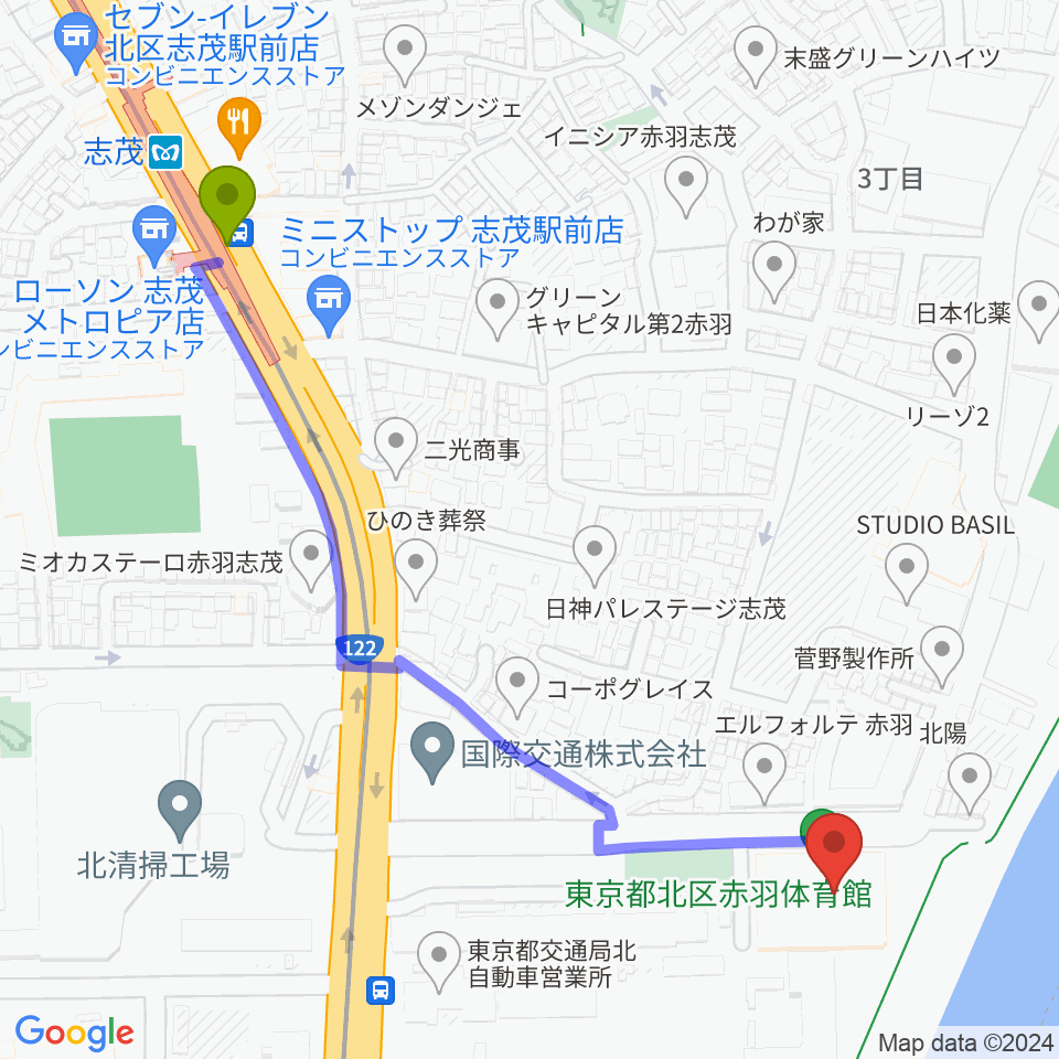 赤羽体育館の最寄駅志茂駅からの徒歩ルート（約6分）地図