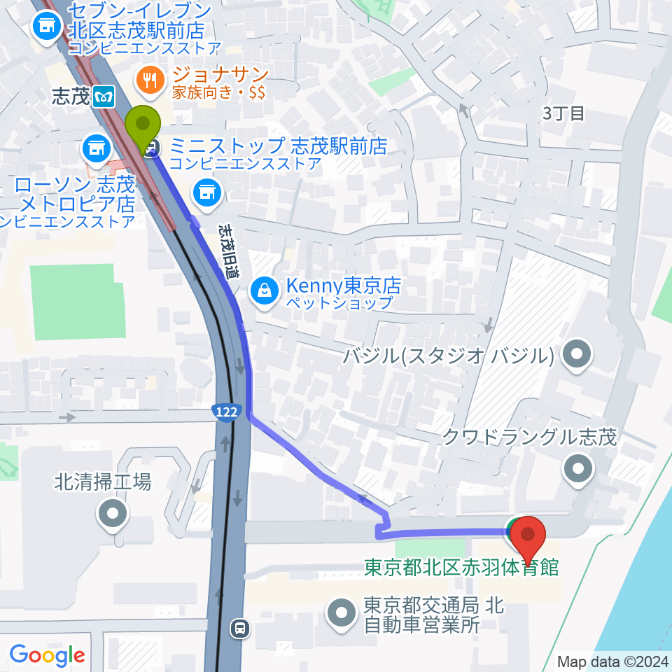 赤羽体育館の最寄駅志茂駅からの徒歩ルート（約6分）地図