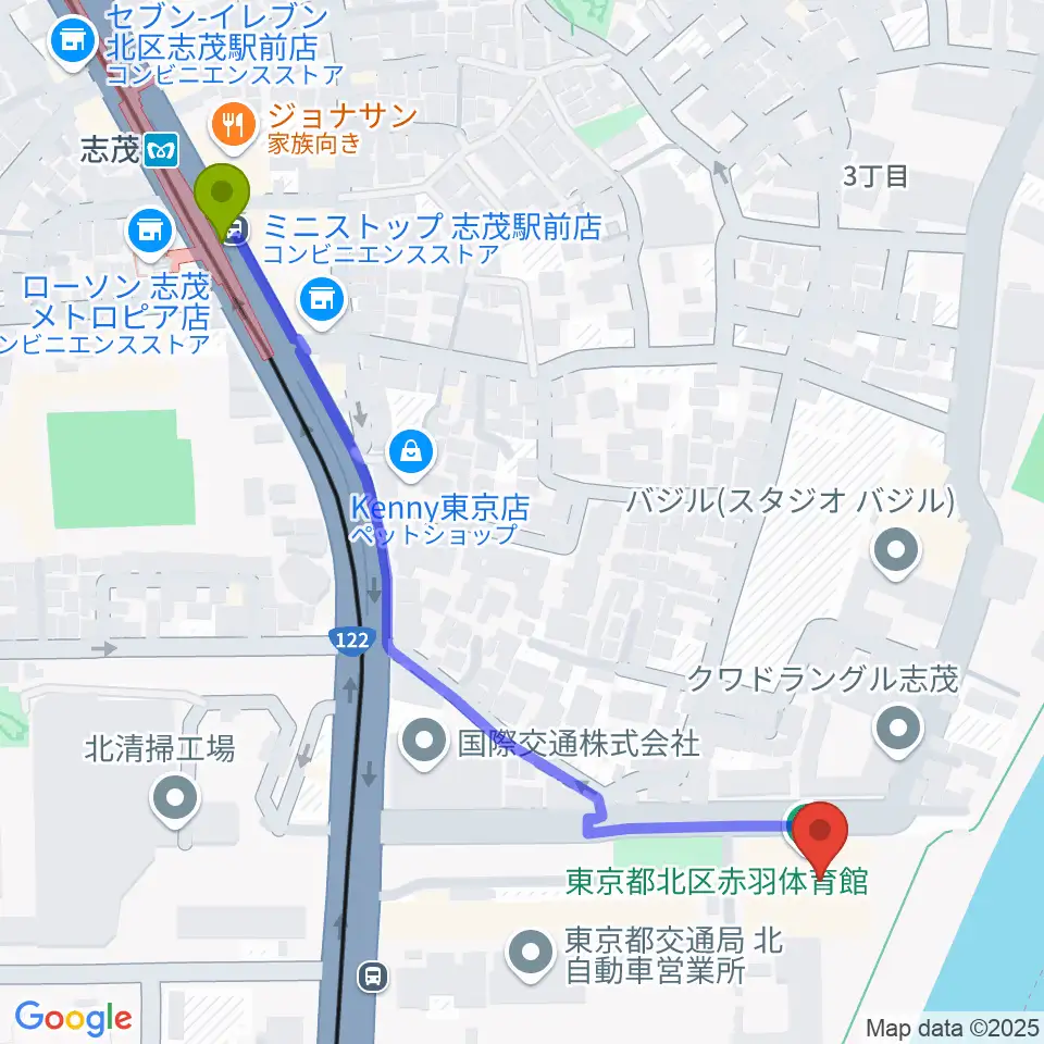 赤羽体育館の最寄駅志茂駅からの徒歩ルート（約6分）地図