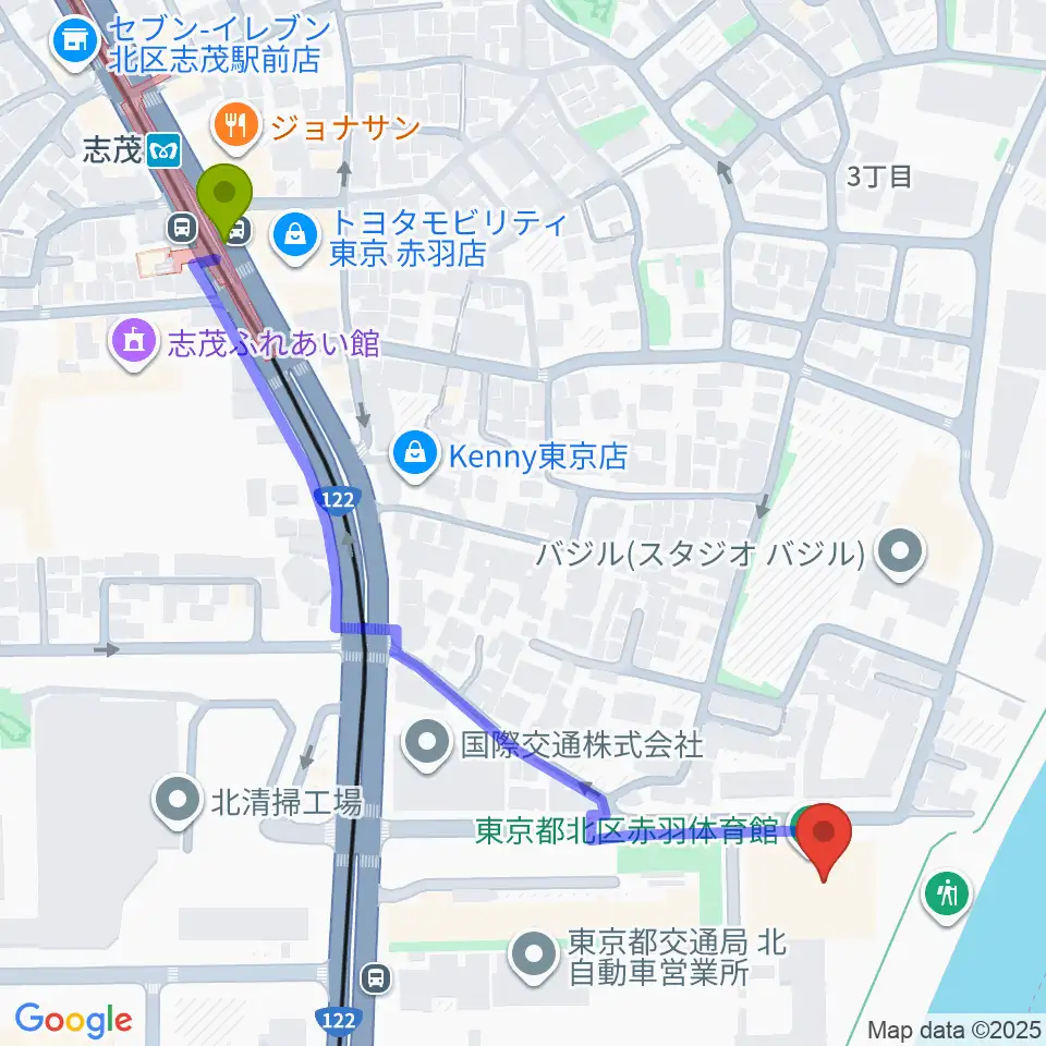 赤羽体育館の最寄駅志茂駅からの徒歩ルート（約6分）地図