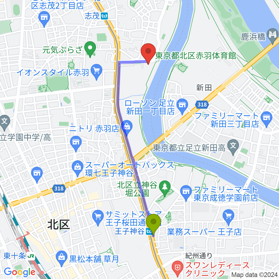 王子神谷駅から赤羽体育館へのルートマップ地図