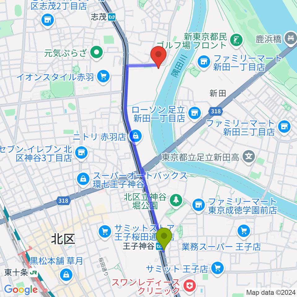 王子神谷駅から赤羽体育館へのルートマップ地図