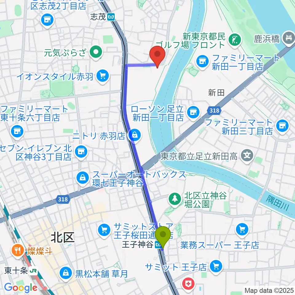 王子神谷駅から赤羽体育館へのルートマップ地図