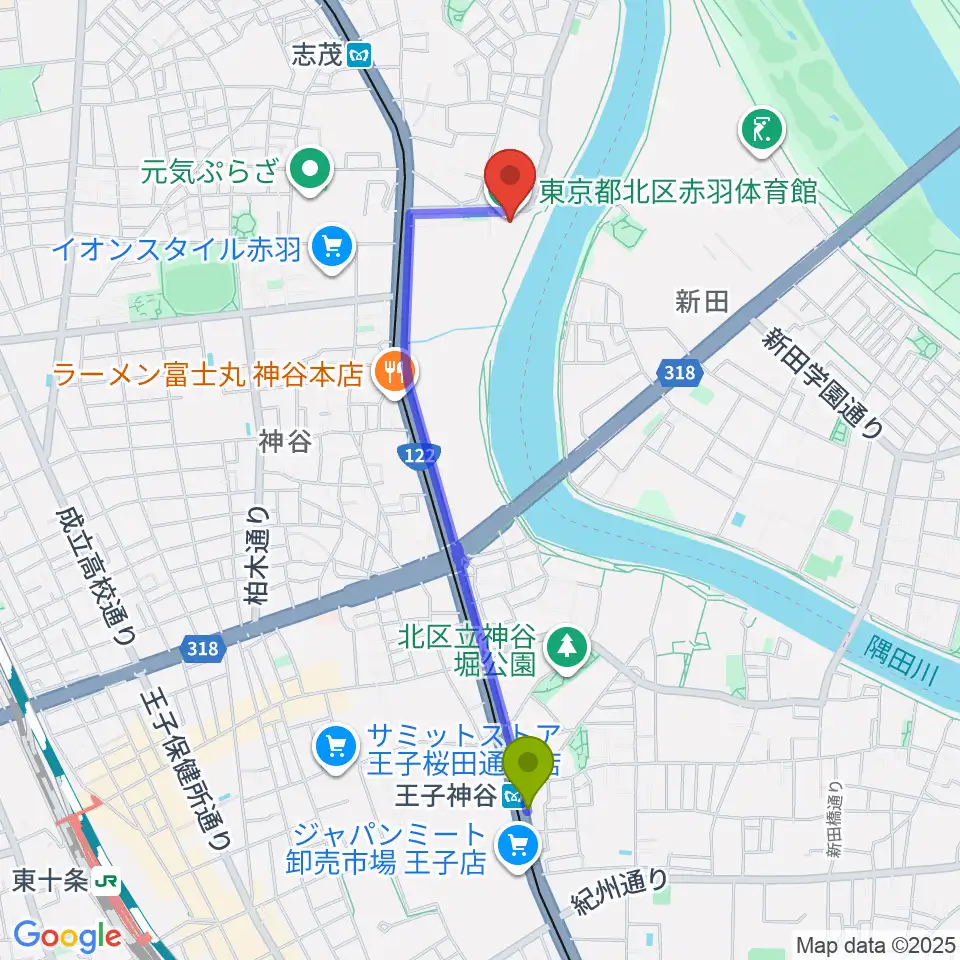 王子神谷駅から赤羽体育館へのルートマップ地図