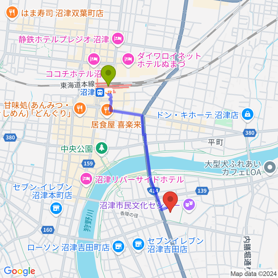 香陵アリーナ 沼津市総合体育館の最寄駅沼津駅からの徒歩ルート（約16分）地図