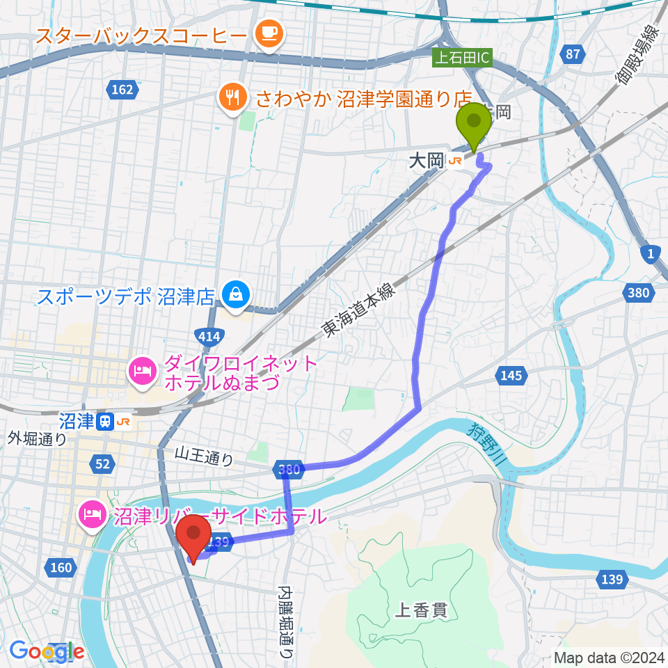 大岡駅から香陵アリーナ 沼津市総合体育館へのルートマップ地図