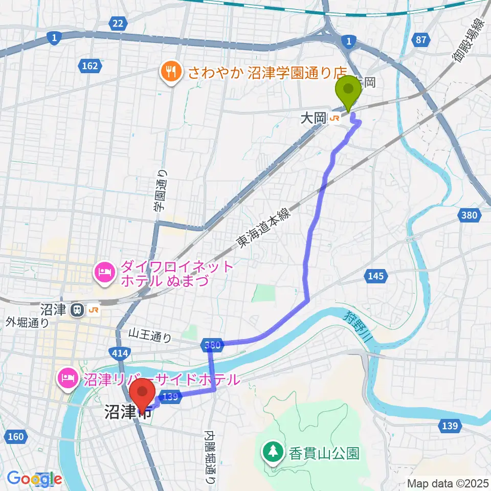 大岡駅から香陵アリーナ 沼津市総合体育館へのルートマップ地図