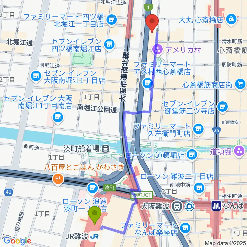 ＪＲ難波駅からベースオントップ アメ村店へのルートマップ地図