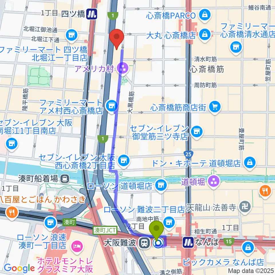 大阪難波駅からベースオントップ アメ村店へのルートマップ地図