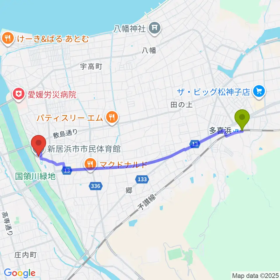 多喜浜駅から新居浜市市民体育館へのルートマップ地図