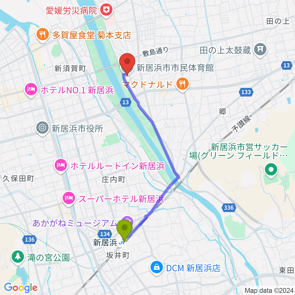 新居浜市市民体育館の最寄駅新居浜駅からの徒歩ルート（約36分）地図