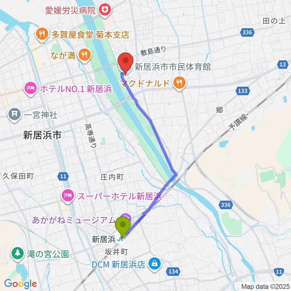 新居浜市市民体育館の最寄駅新居浜駅からの徒歩ルート（約36分）地図