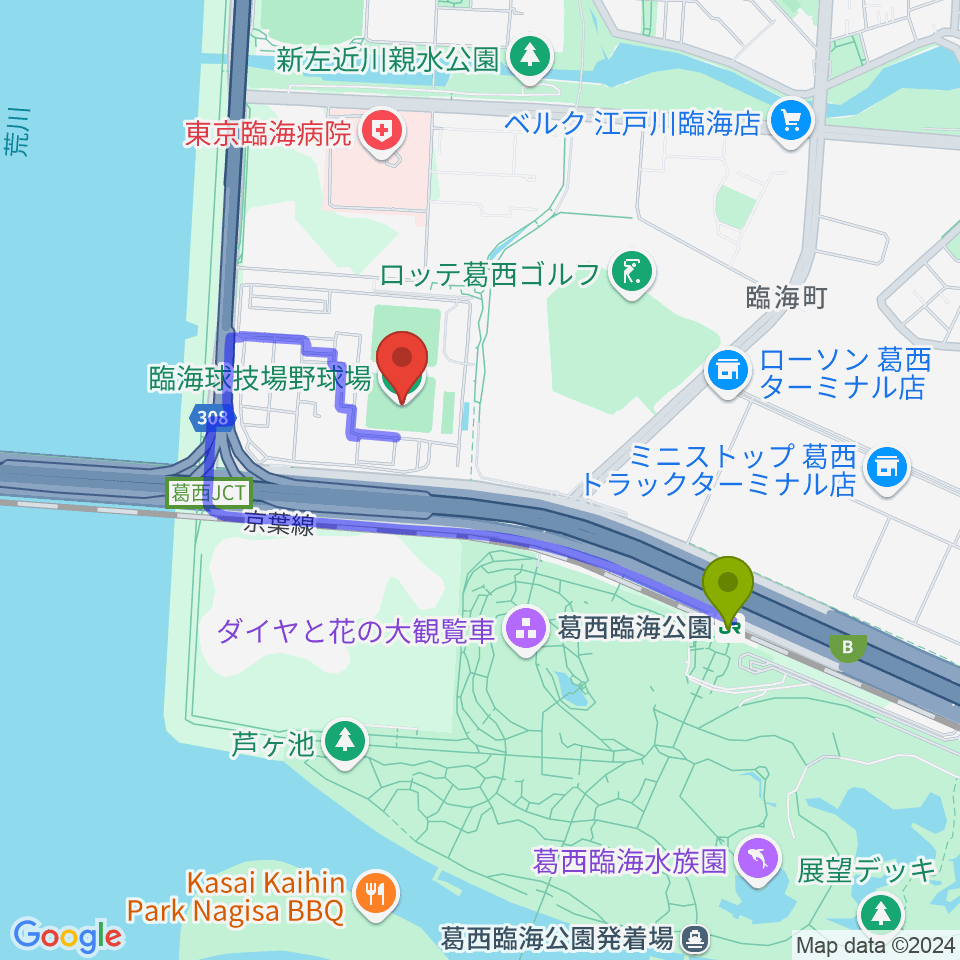 江戸川区臨海球技場野球場の最寄駅葛西臨海公園駅からの徒歩ルート（約13分）地図