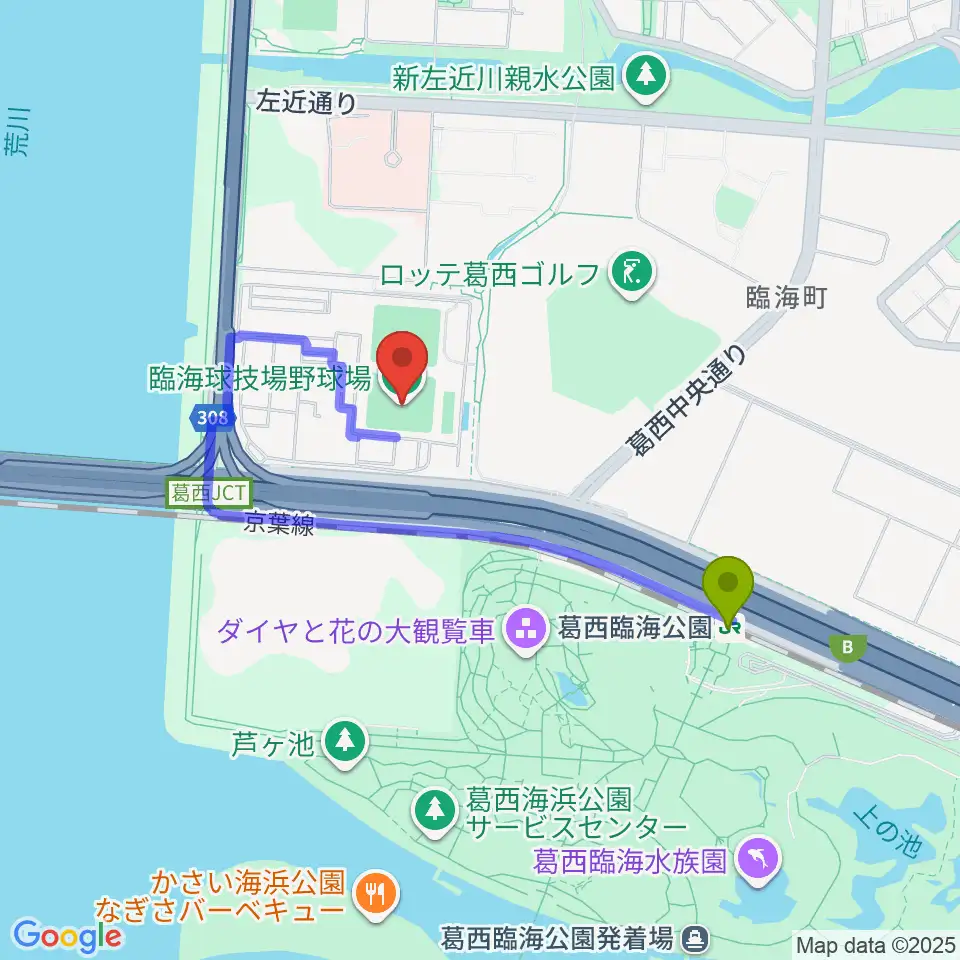 江戸川区臨海球技場野球場の最寄駅葛西臨海公園駅からの徒歩ルート（約13分）地図