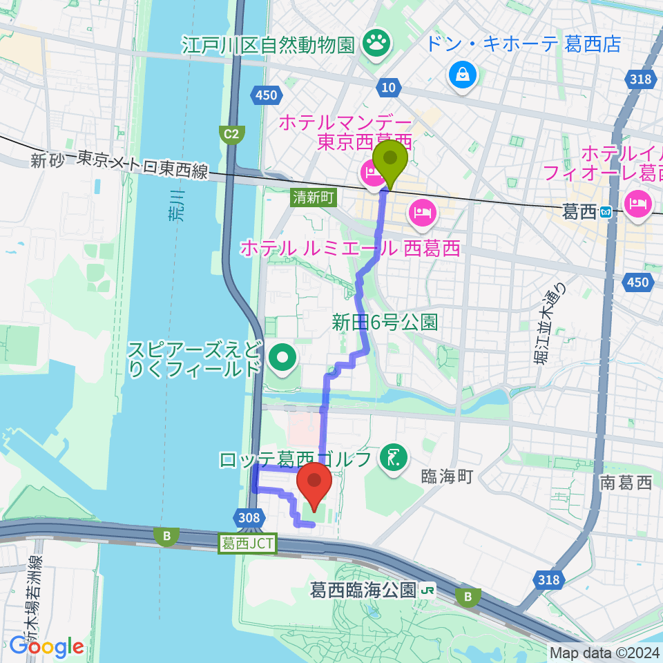 西葛西駅から江戸川区臨海球技場野球場へのルートマップ地図