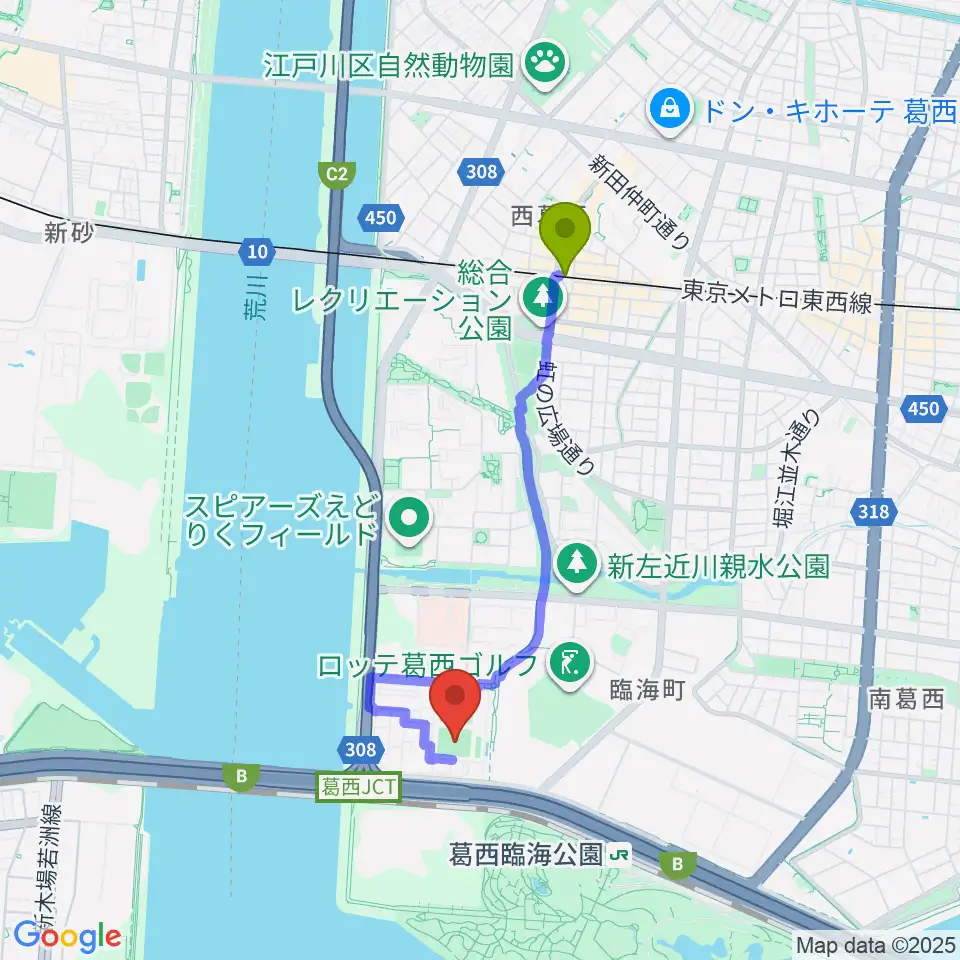 西葛西駅から江戸川区臨海球技場野球場へのルートマップ地図