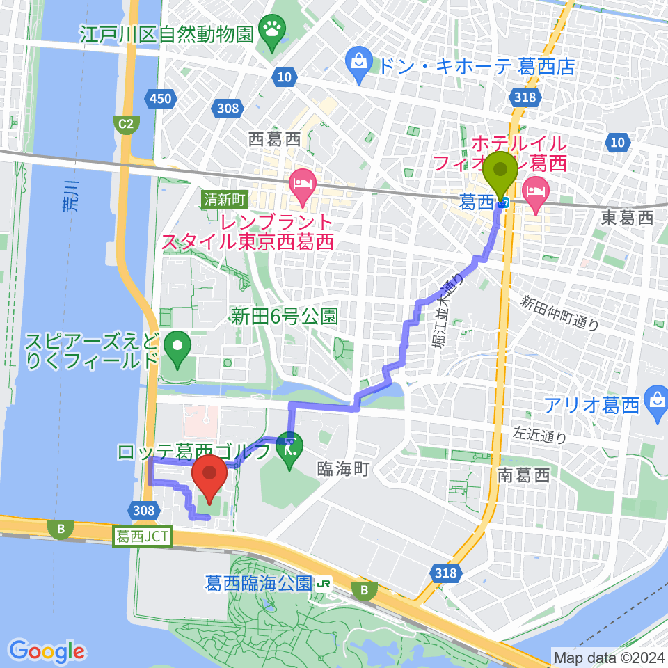 葛西駅から江戸川区臨海球技場野球場へのルートマップ地図