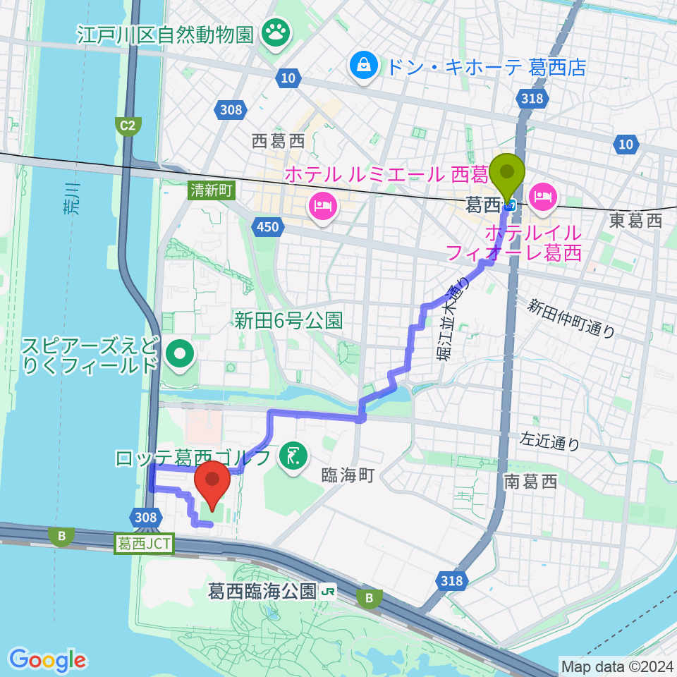 葛西駅から江戸川区臨海球技場野球場へのルートマップ地図