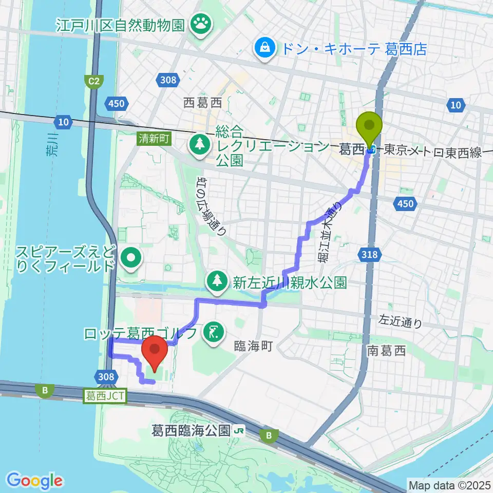 葛西駅から江戸川区臨海球技場野球場へのルートマップ地図