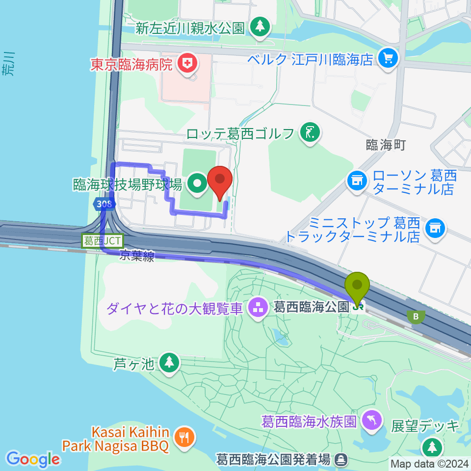 江戸川区臨海球技場フットサルコートの最寄駅葛西臨海公園駅からの徒歩ルート（約11分）地図