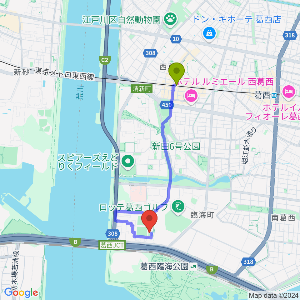 西葛西駅から江戸川区臨海球技場フットサルコートへのルートマップ地図