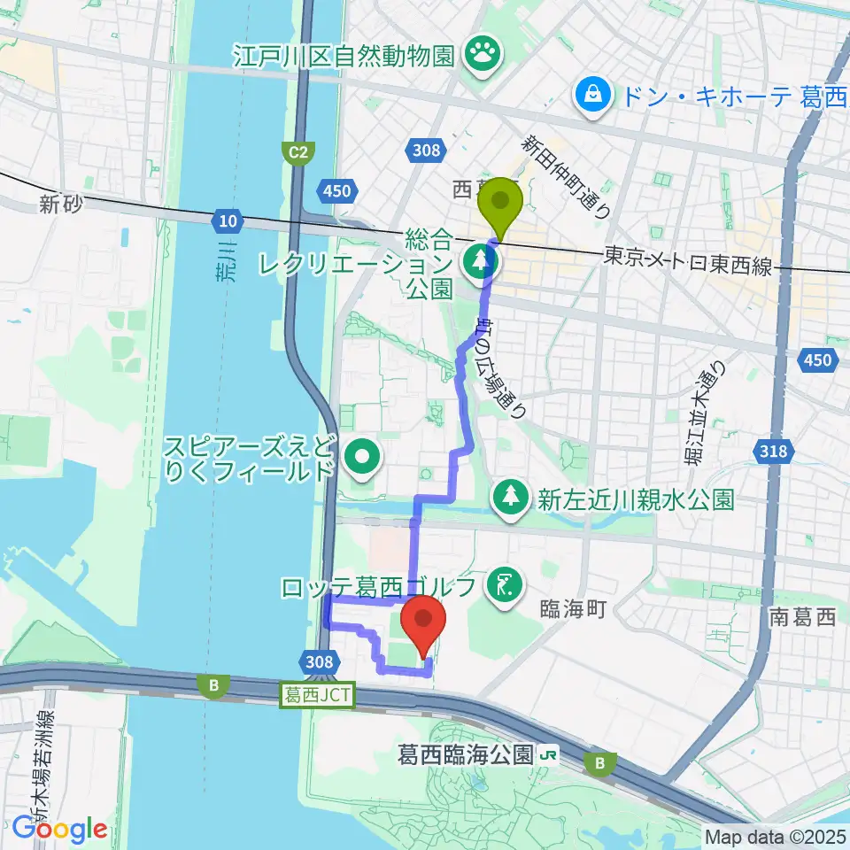 西葛西駅から江戸川区臨海球技場フットサルコートへのルートマップ地図