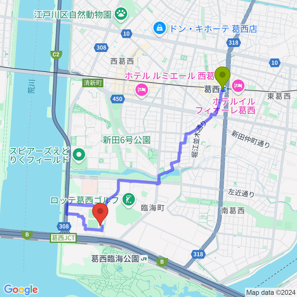 葛西駅から江戸川区臨海球技場フットサルコートへのルートマップ地図