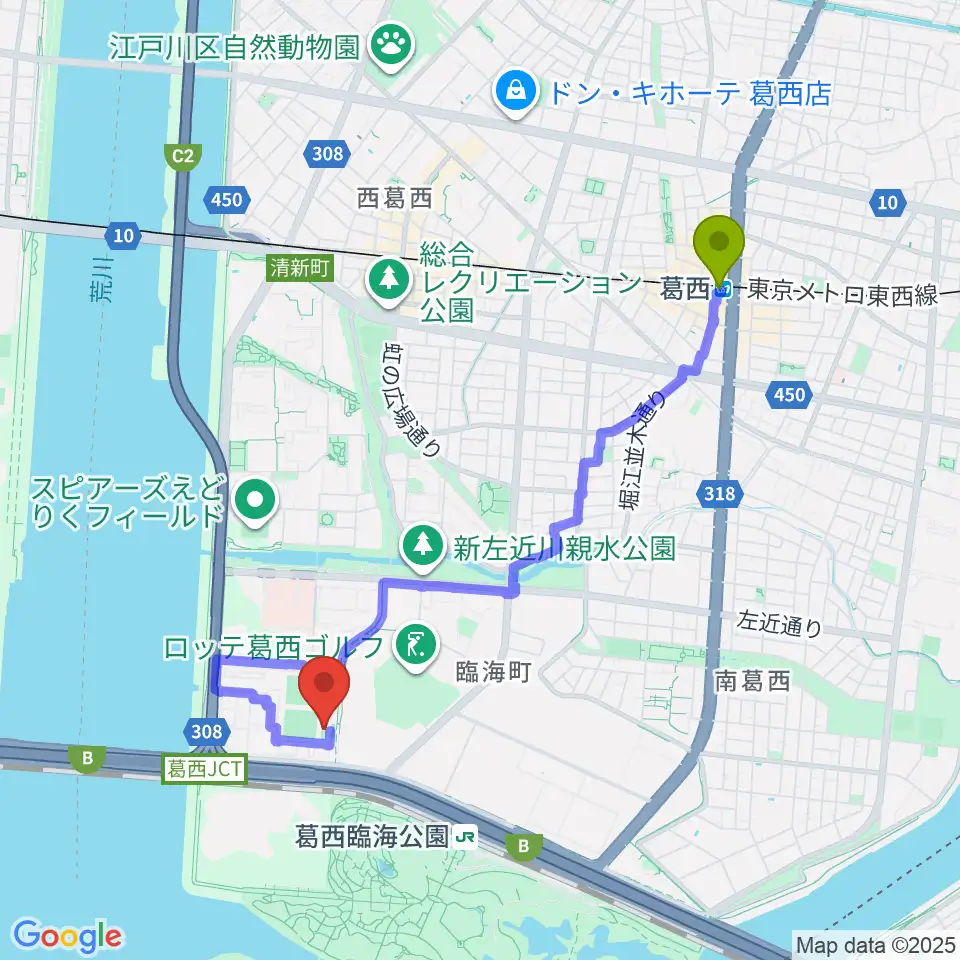 葛西駅から江戸川区臨海球技場フットサルコートへのルートマップ地図