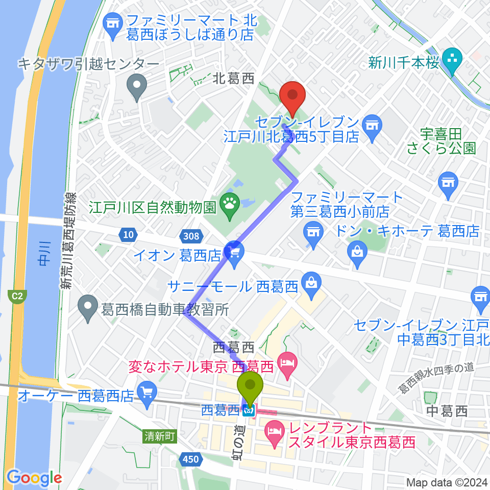 西葛西駅から宇喜田公園少年野球広場へのルートマップ地図