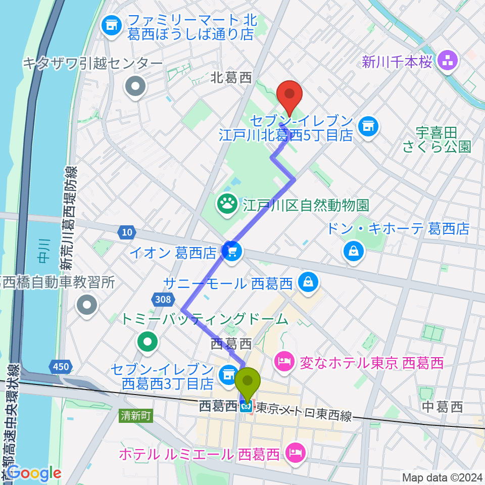 西葛西駅から宇喜田公園少年野球広場へのルートマップ地図