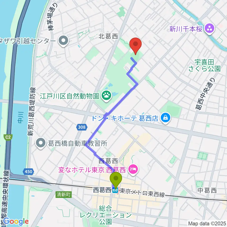 西葛西駅から宇喜田公園少年野球広場へのルートマップ地図