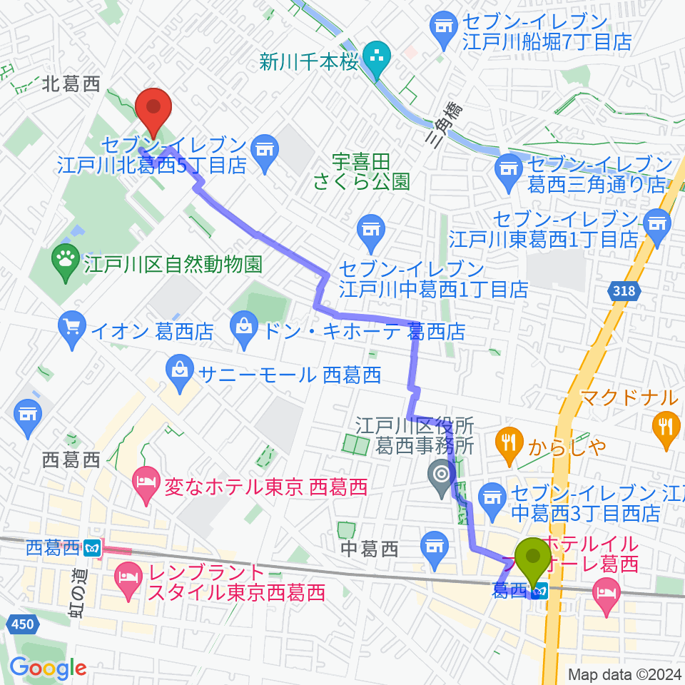 葛西駅から宇喜田公園少年野球広場へのルートマップ地図
