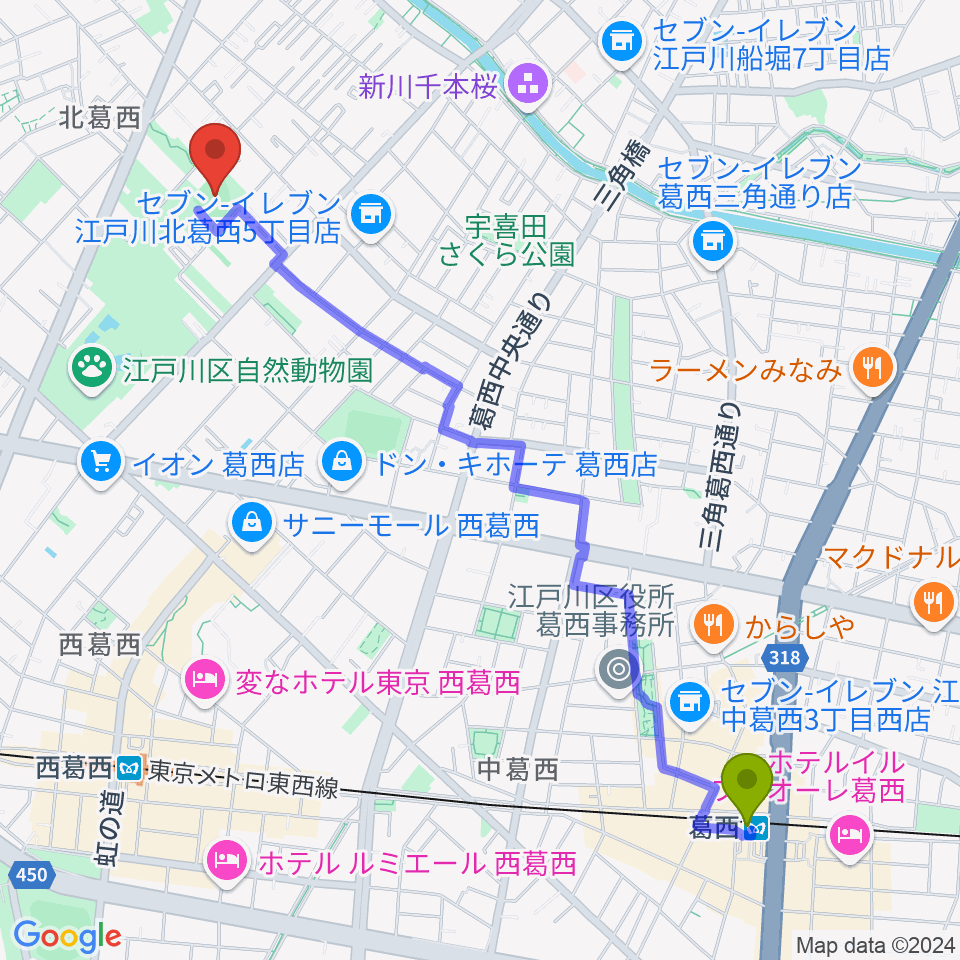 葛西駅から宇喜田公園少年野球広場へのルートマップ地図