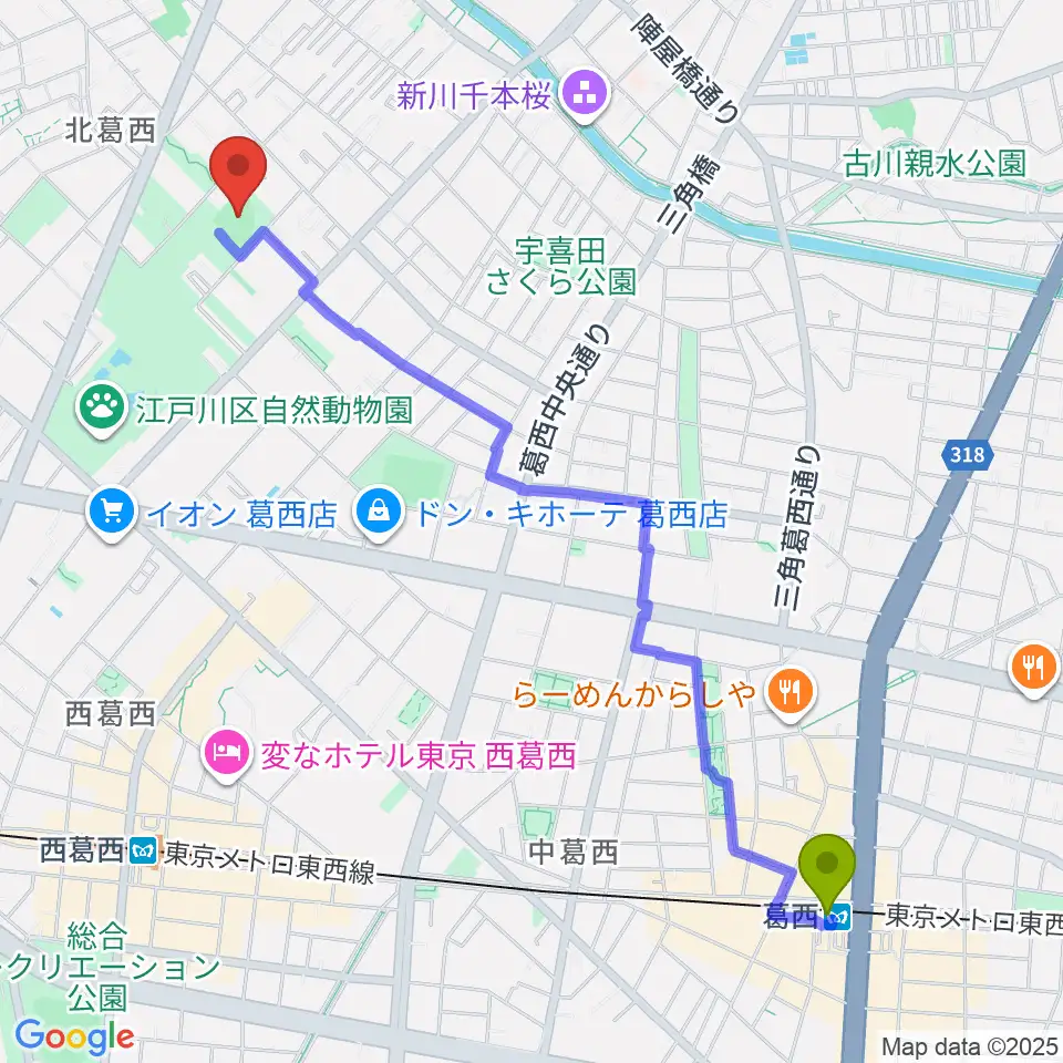 葛西駅から宇喜田公園少年野球広場へのルートマップ地図