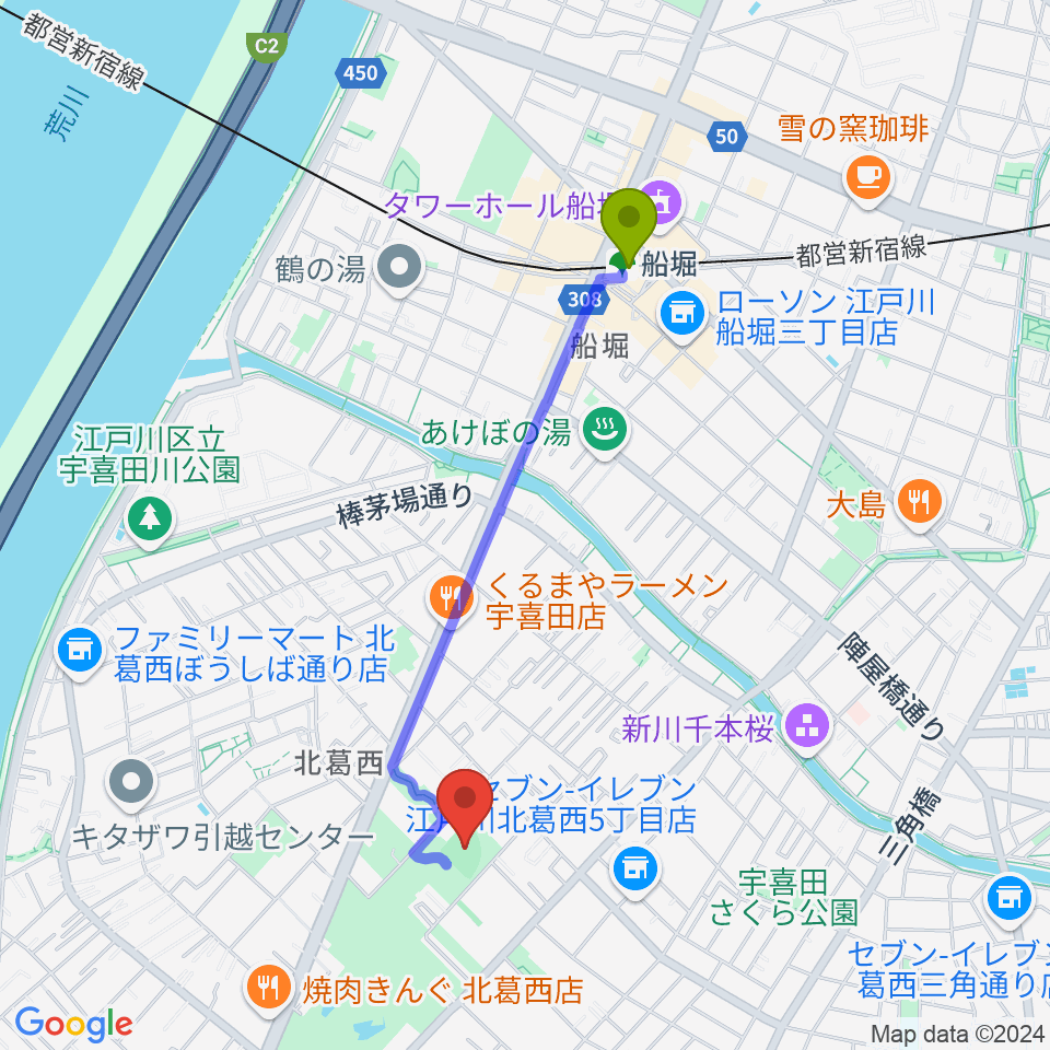 宇喜田公園少年野球広場の最寄駅船堀駅からの徒歩ルート（約18分）地図