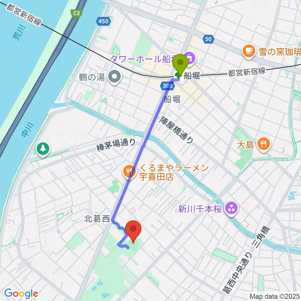 宇喜田公園少年野球広場の最寄駅船堀駅からの徒歩ルート（約18分）地図