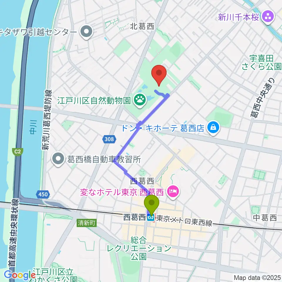 宇喜田公園スポーツ広場の最寄駅西葛西駅からの徒歩ルート（約14分）地図