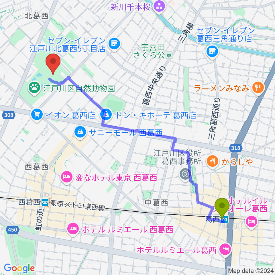 葛西駅から宇喜田公園スポーツ広場へのルートマップ地図