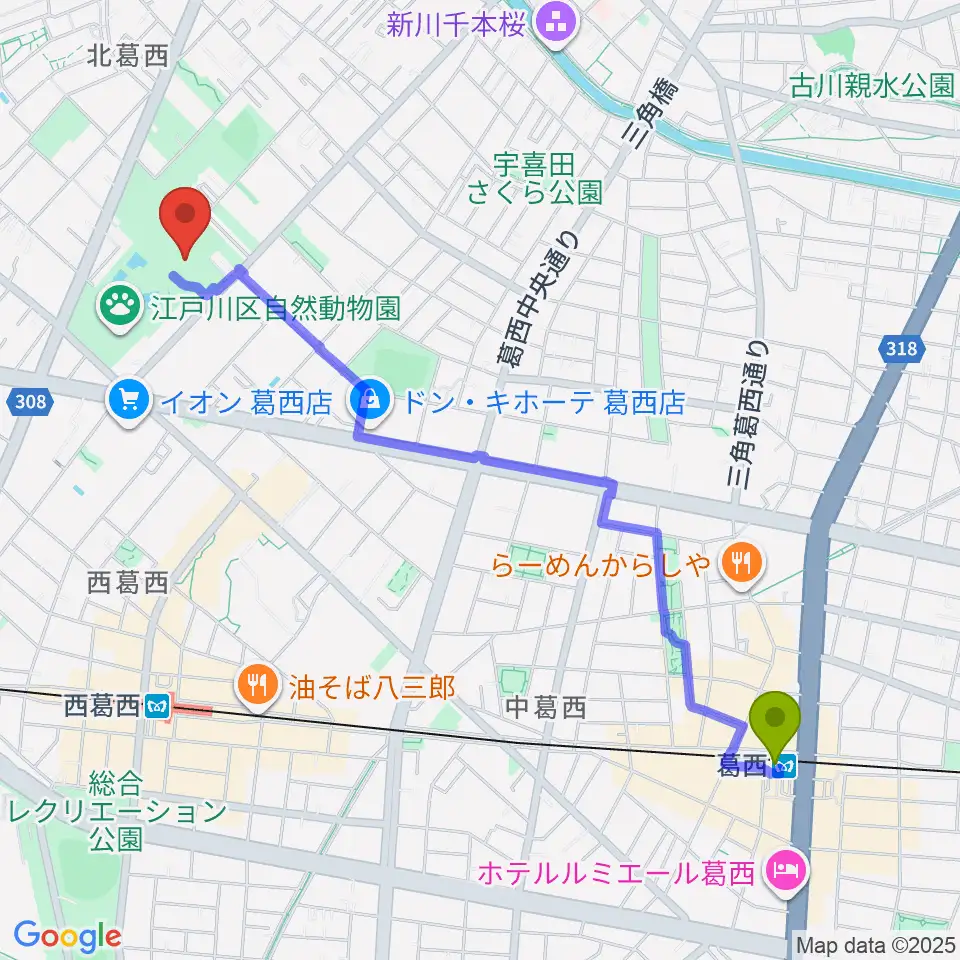 葛西駅から宇喜田公園スポーツ広場へのルートマップ地図