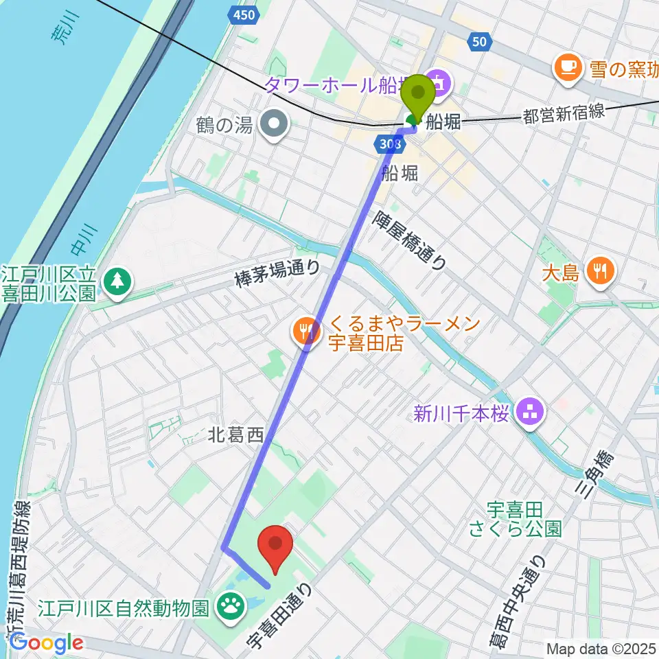 船堀駅から宇喜田公園スポーツ広場へのルートマップ地図