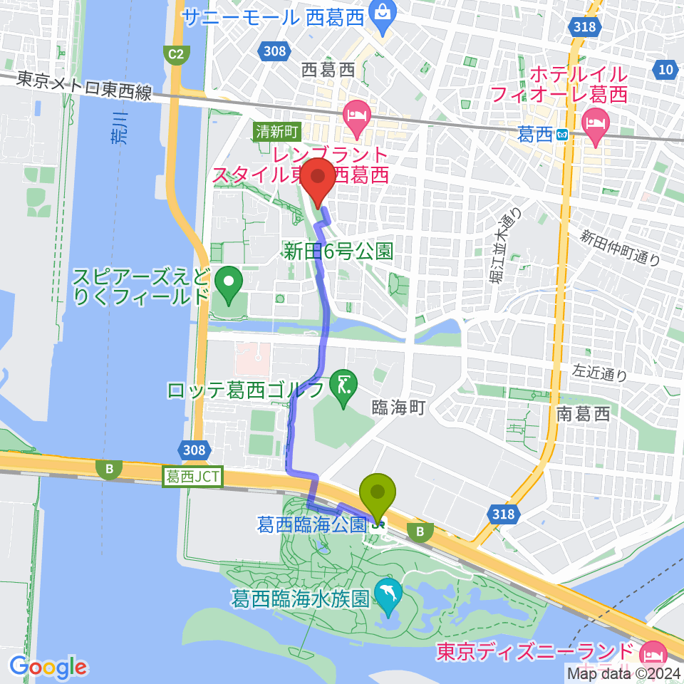 葛西臨海公園駅から西葛西少年野球広場へのルートマップ地図