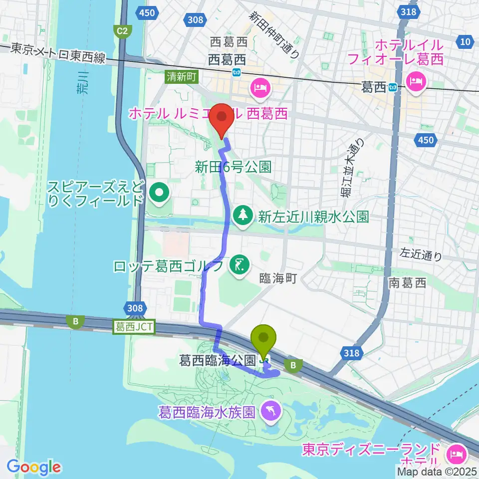 葛西臨海公園駅から西葛西少年野球広場へのルートマップ地図