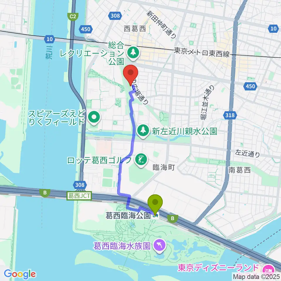 葛西臨海公園駅から西葛西少年野球広場へのルートマップ地図