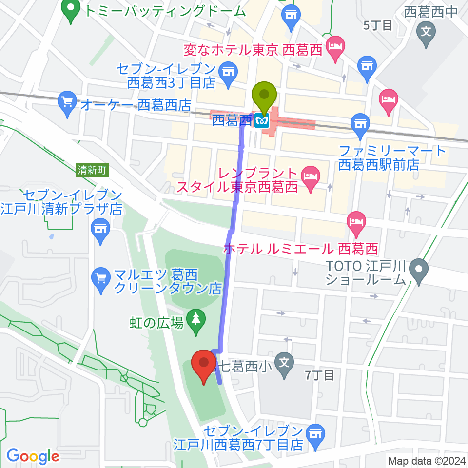 西葛西少年野球広場の最寄駅西葛西駅からの徒歩ルート（約9分）地図