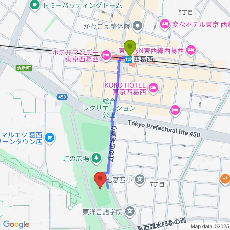 西葛西少年野球広場の最寄駅西葛西駅からの徒歩ルート（約9分）地図